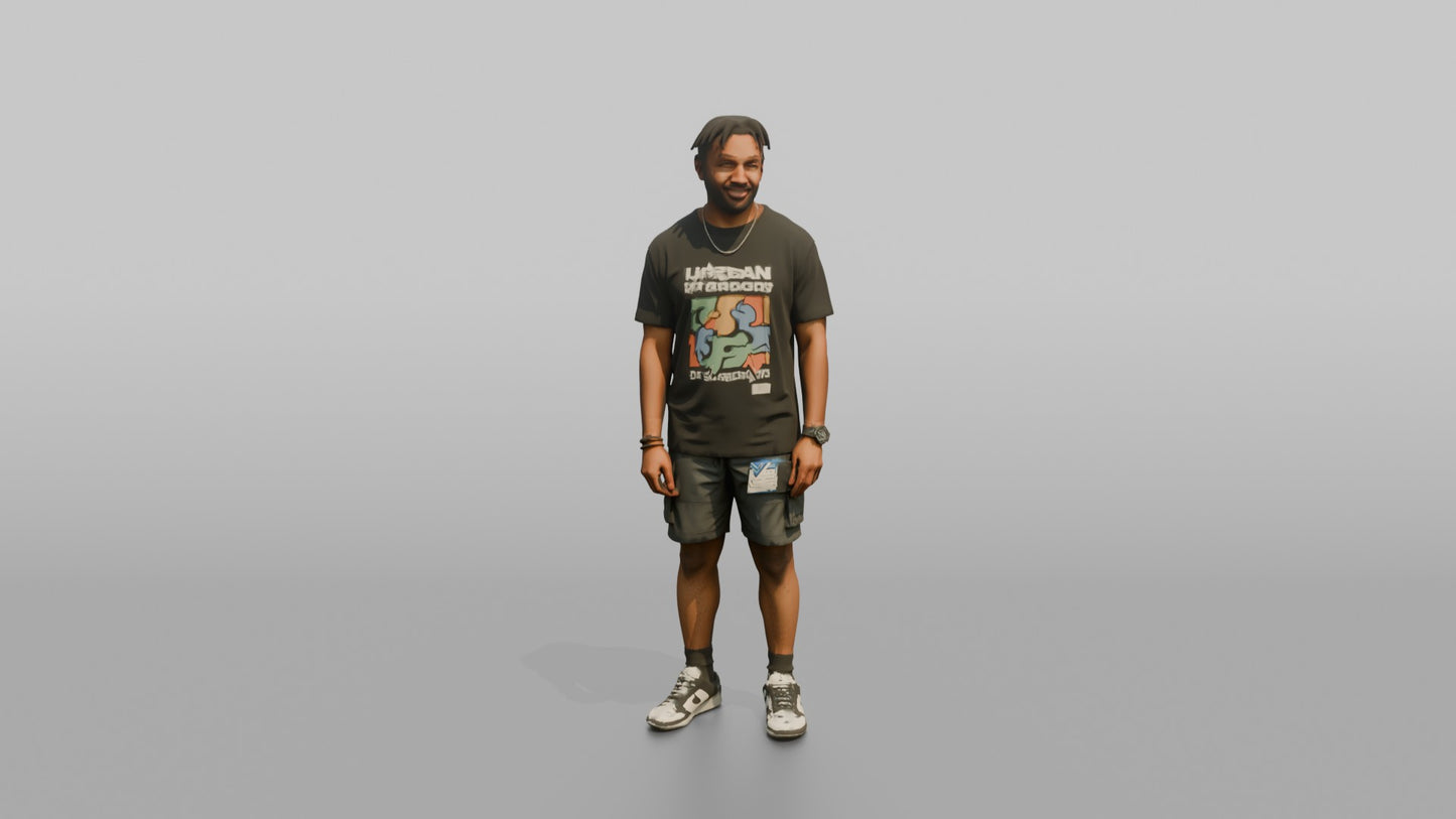 Vacationer Wearing Trendy Streetwear Graphic Tee And Shorts