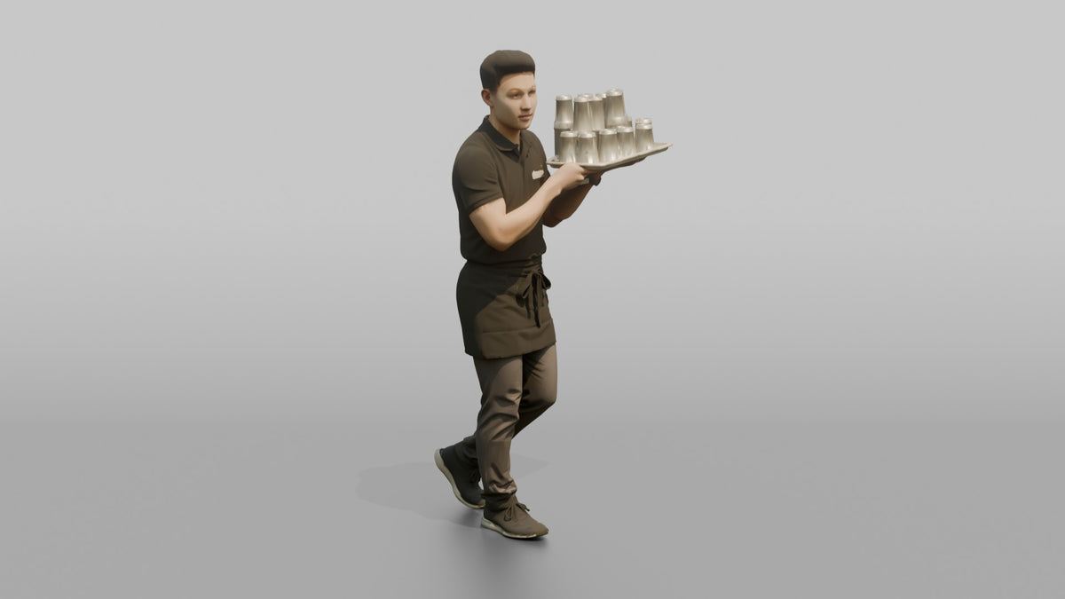 Server Man Balancing A Tray Of Empty Glasses - 3D character model