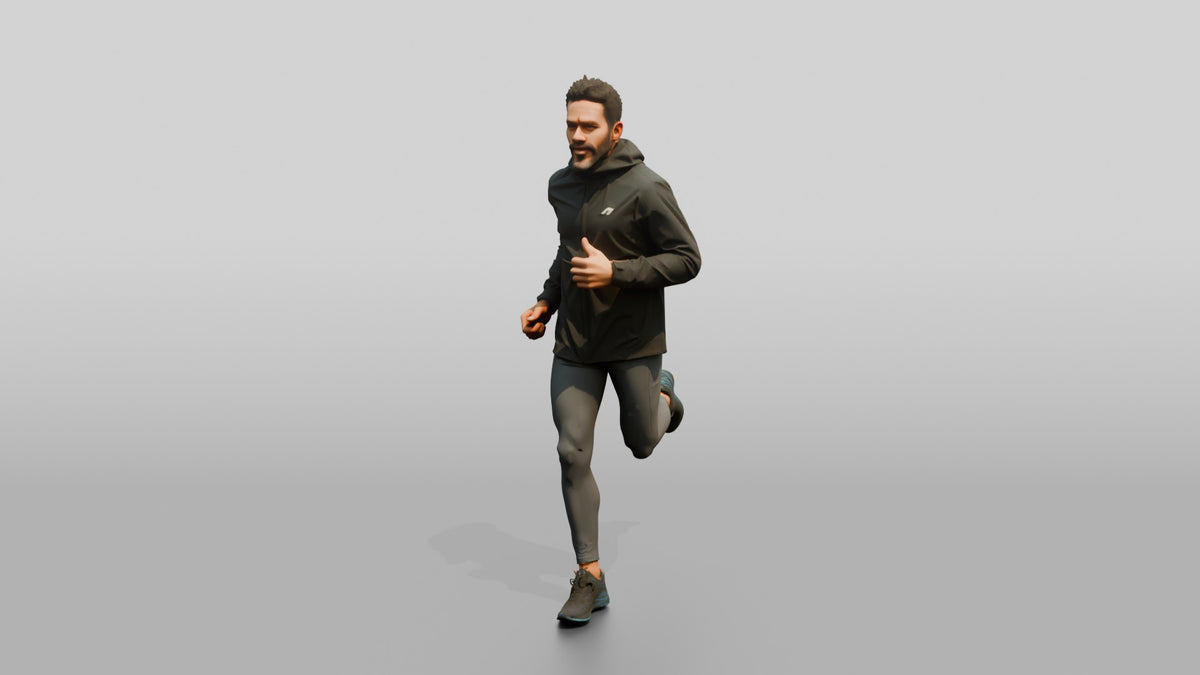 Caribbean Man Jogging in Black Raincoat - 3D character model, view 4
