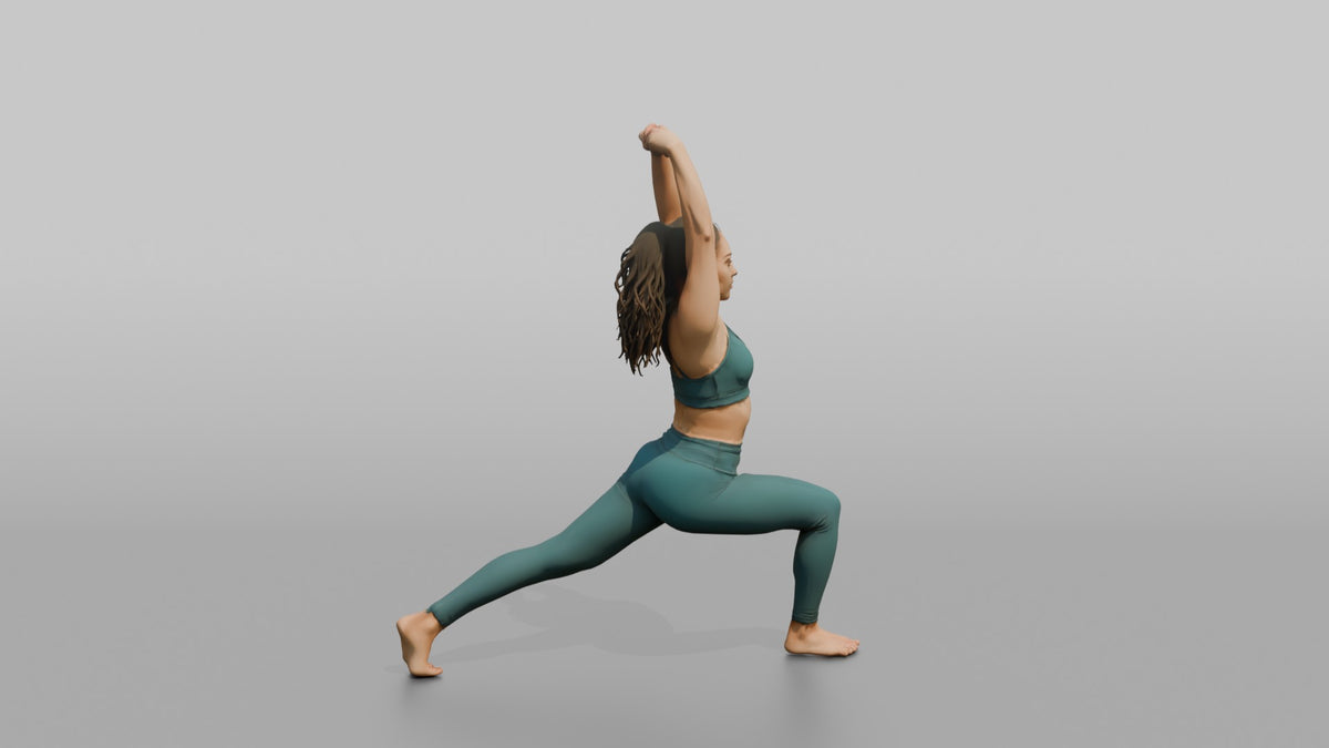 Fitness Influencer Woman Doing A Dynamic Lunge Stretch - 3D character model, view 3