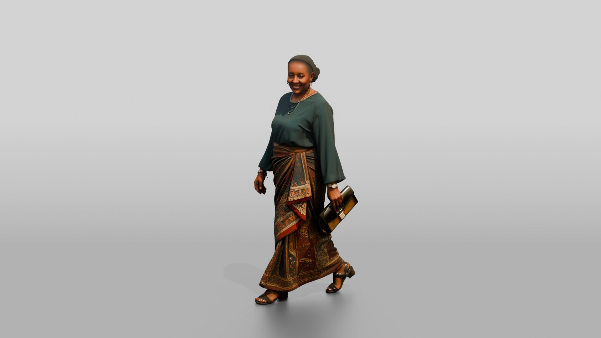 Curvy African Woman in a Printed Wrap Dress Carrying a Briefcase