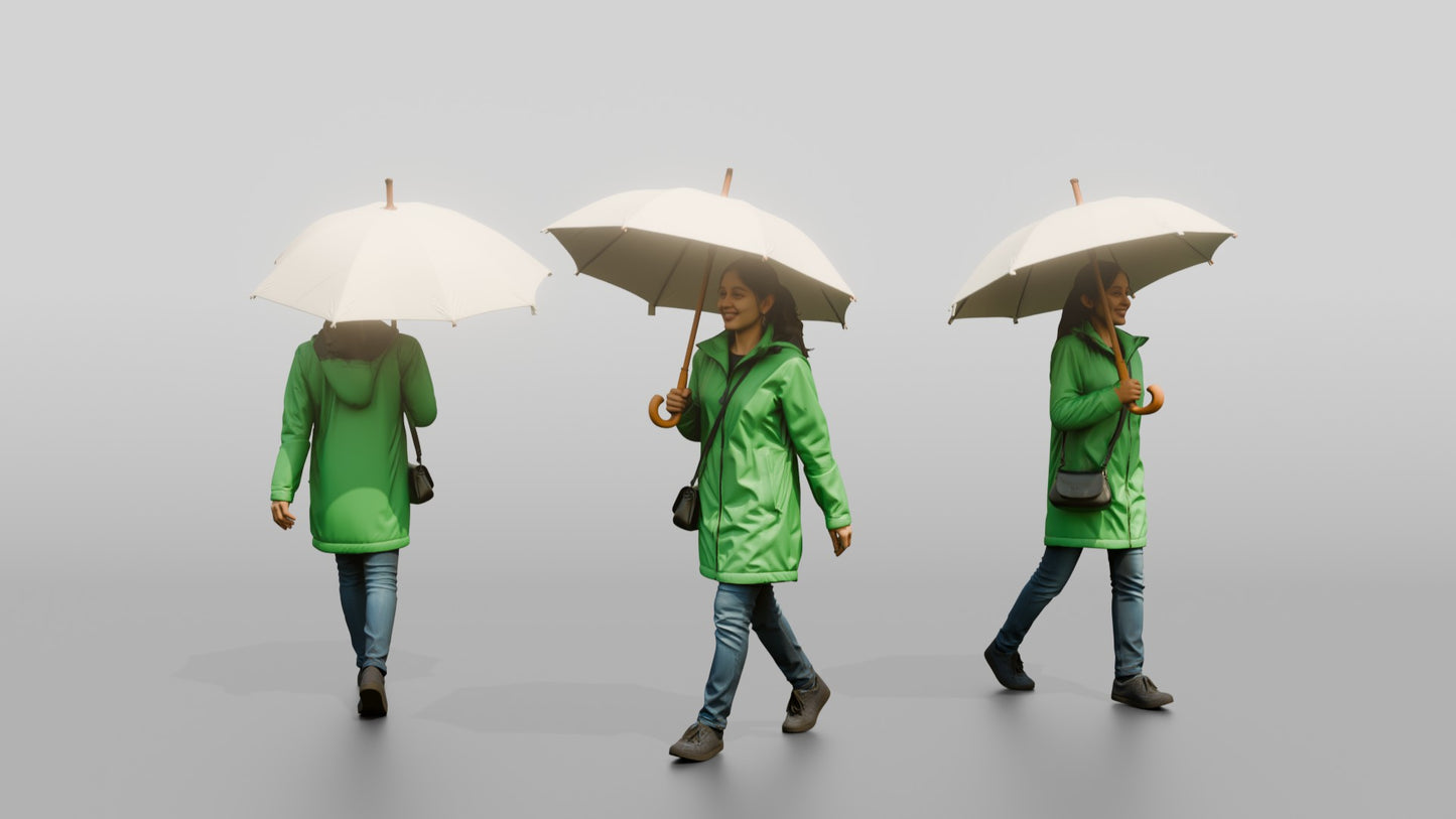 Indian Woman in Green Raincoat with White Umbrella