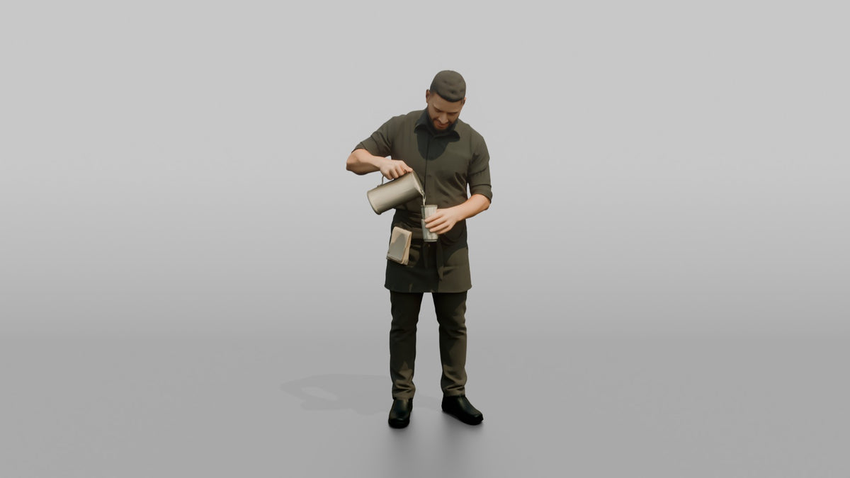Server Man Pouring Water From A Pitcher Into A Glass - 3D character model, view 5
