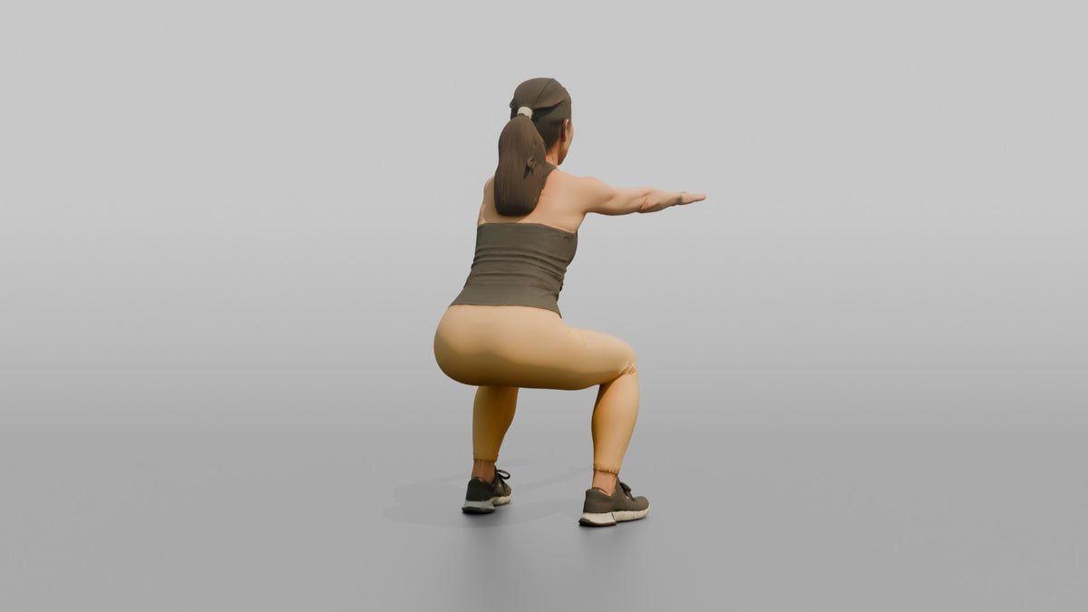 Bodyweight Athlete Woman Doing A Bodyweight Squat, Arms Extended Forward - 3D character model, view 3