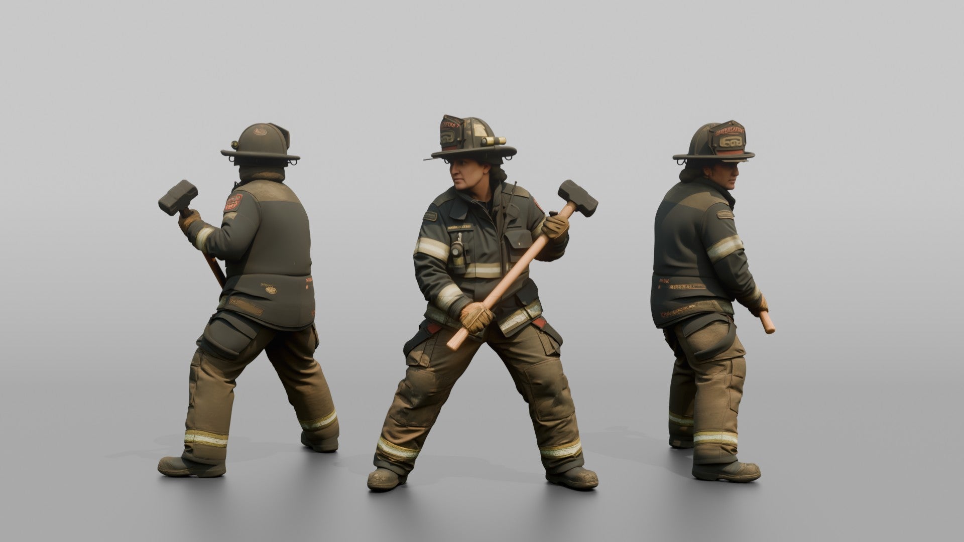 Firefighter Woman Standing in Dynamic Stance with a Sledgehammer