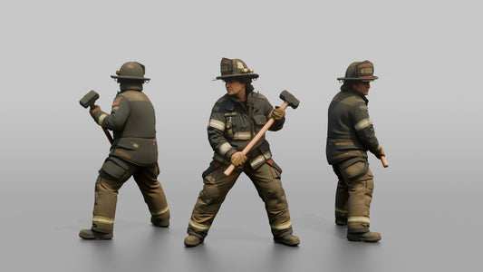 Firefighter Woman Standing in Dynamic Stance with a Sledgehammer