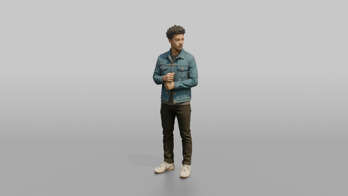 Man Customer Trying On A Denim Jacket - 3D character model, view 5