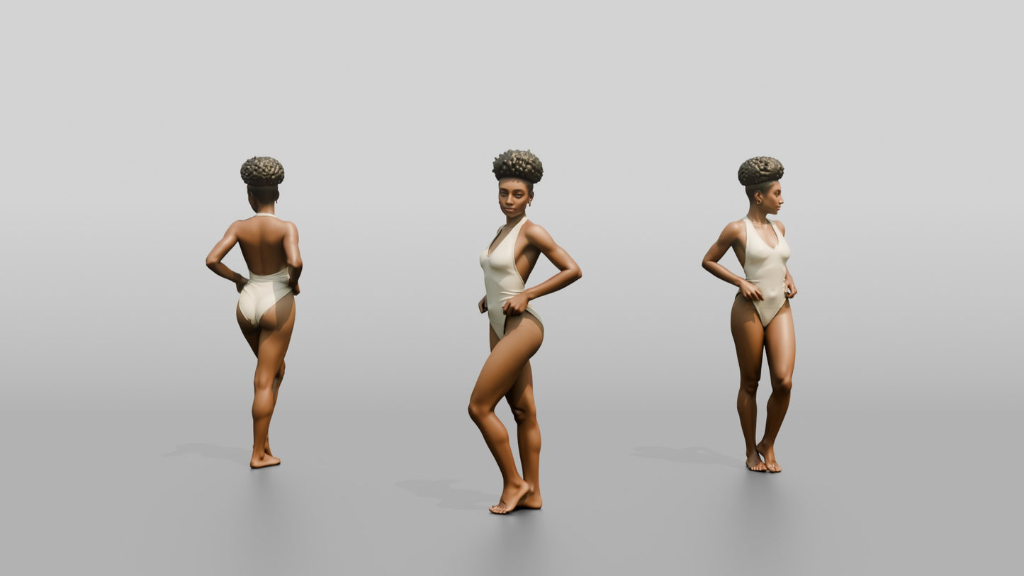 Black Woman in Ivory One-Piece Swimsuit Hand on Hip