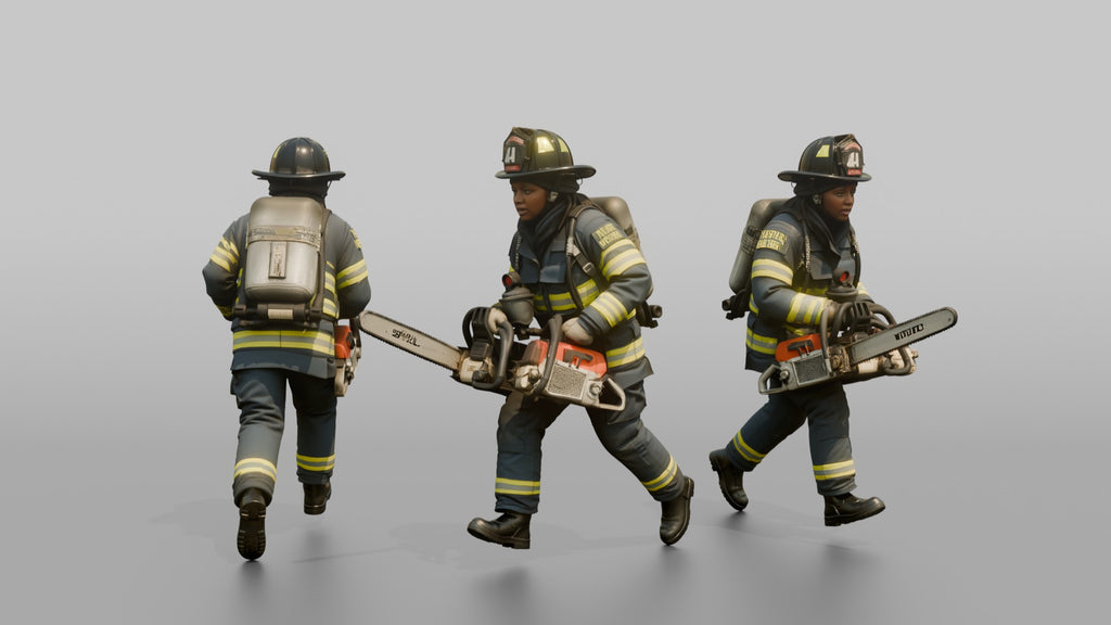 Firefighter Woman Sprinting Carrying a Heavy Rescue Chainsaw