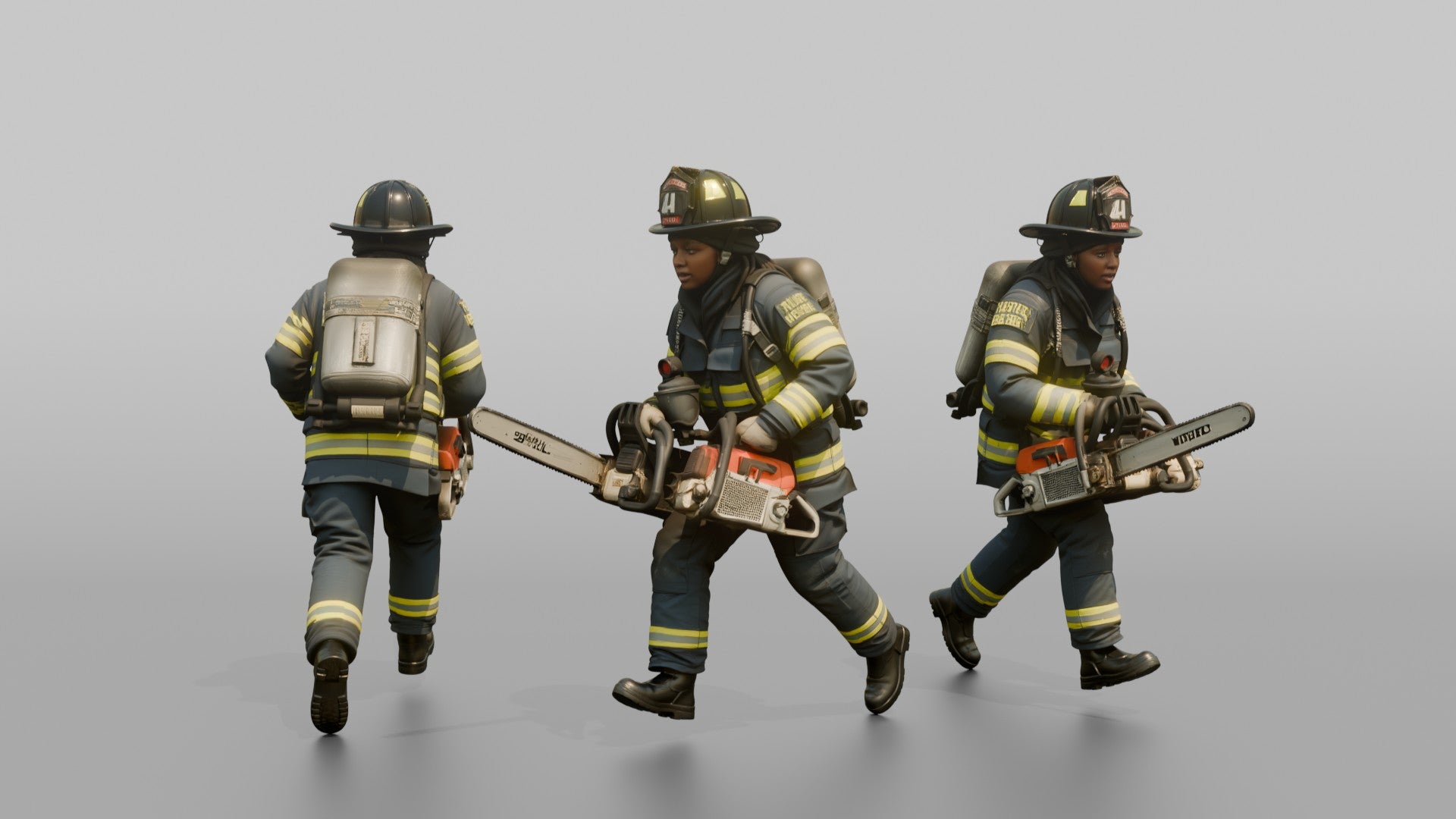 Firefighter Woman Sprinting Carrying a Heavy Rescue Chainsaw