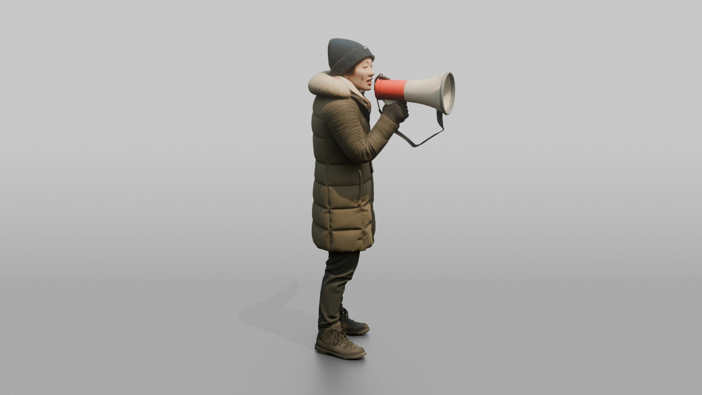 Protester Woman Shouting Through a Megaphone with Arms Raised
