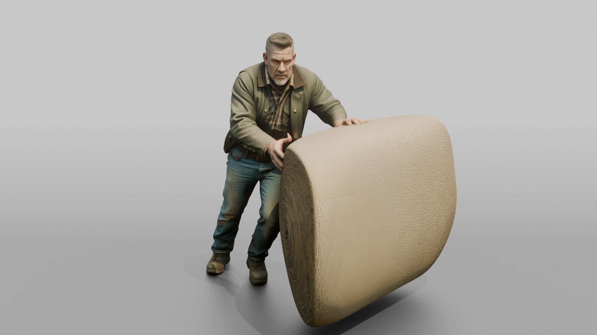 Farmer Rolling Large Round Hay Bale