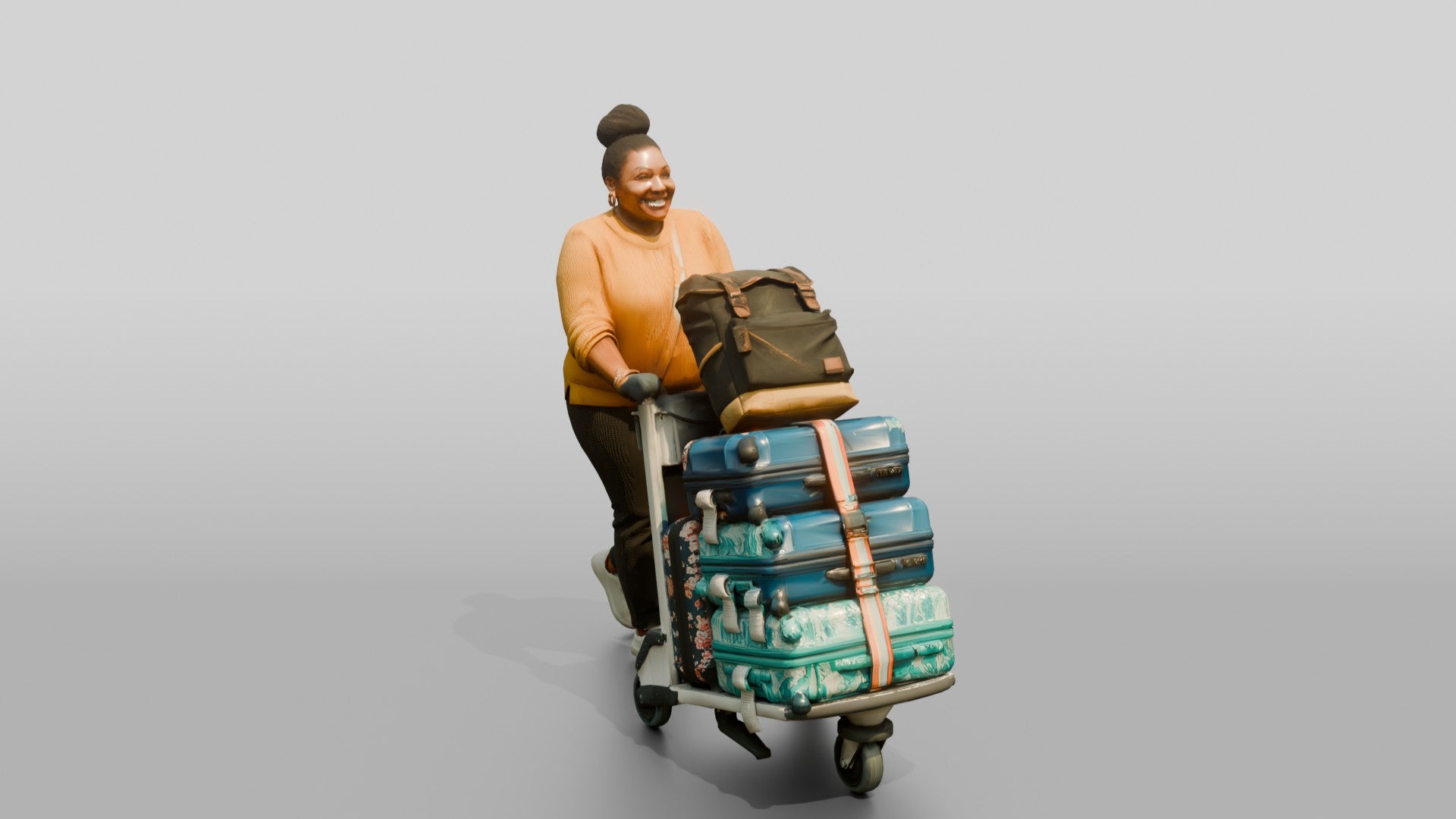 Plus-Size Woman Pushing Luggage Cart with Colorful Suitcases