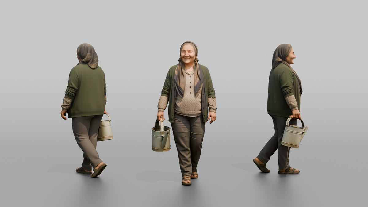 Grandmother Carrying A Watering Can For Her Garden - 3D character model, view 1