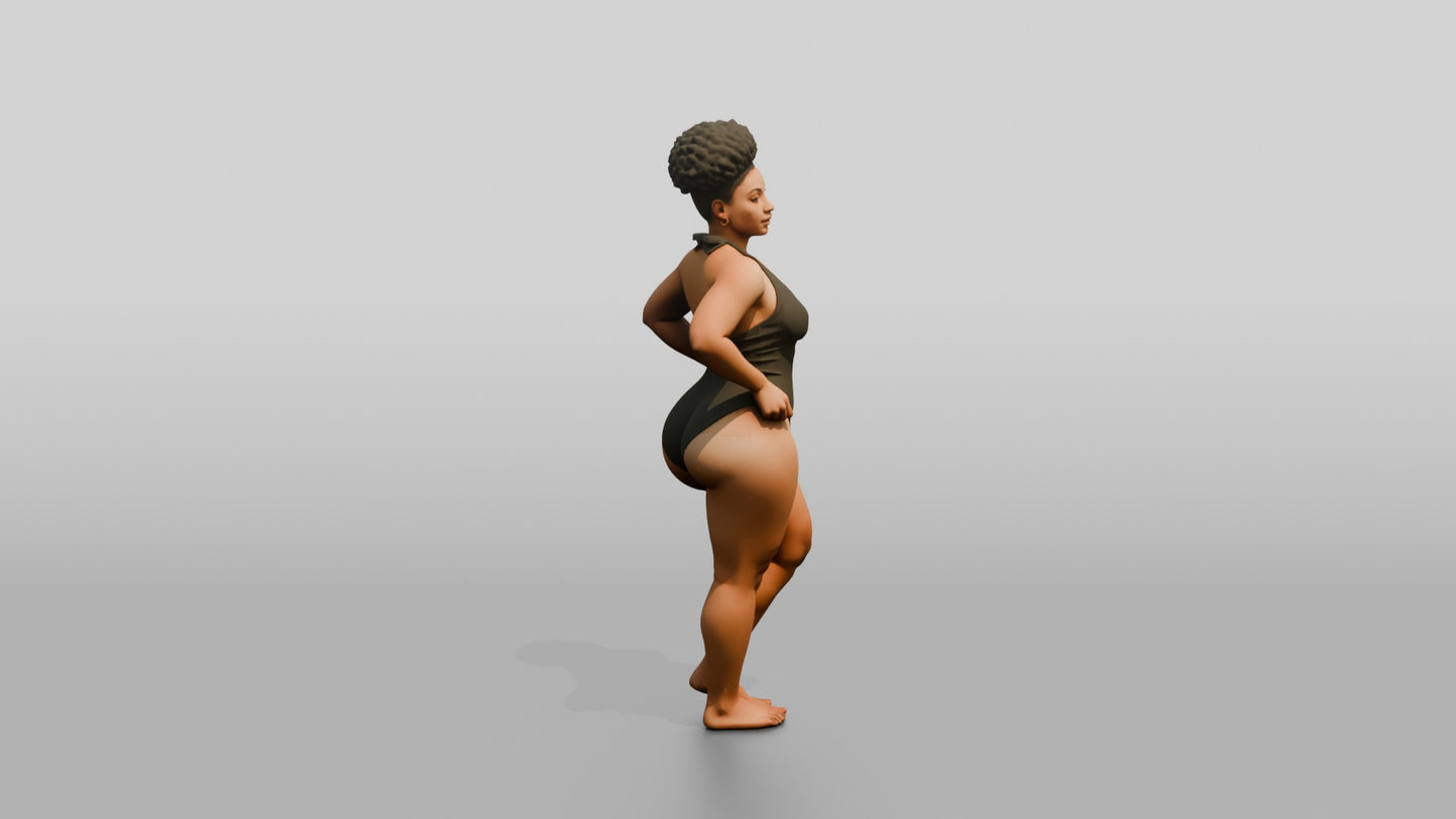 Curvy Black Woman in Olive One-Piece Swimsuit Hands on Hips