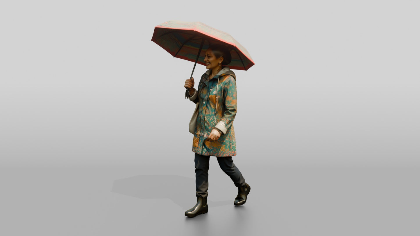 Indian Woman in Patterned Raincoat with Umbrella