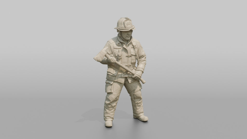 Firefighter Man Holding a Fire Axe in a Ready Stance