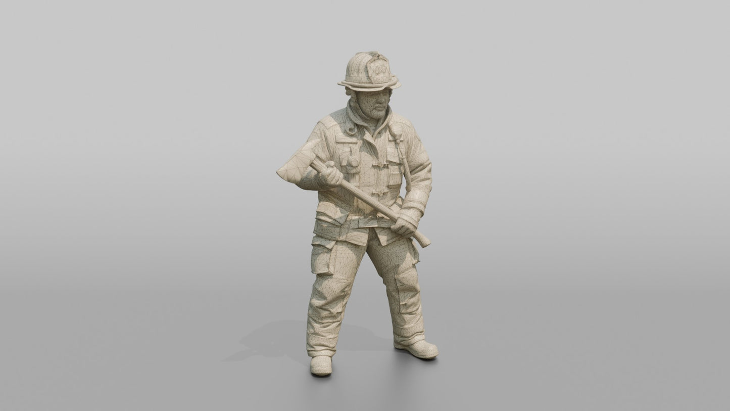 Firefighter Man Holding a Fire Axe in a Ready Stance
