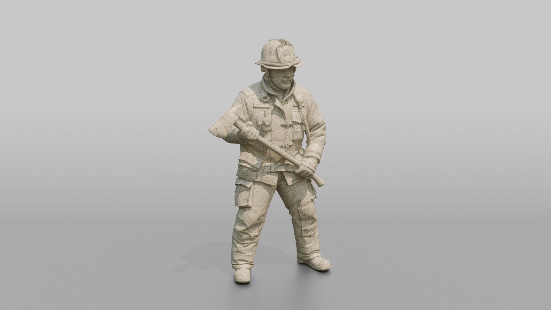 Firefighter Man Holding a Fire Axe in a Ready Stance