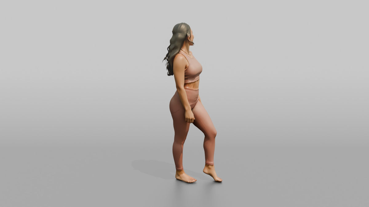 Fitness Influencer Woman Standing With A Slight Lean, Looking Over The Shoulder - 3D character model, view 3