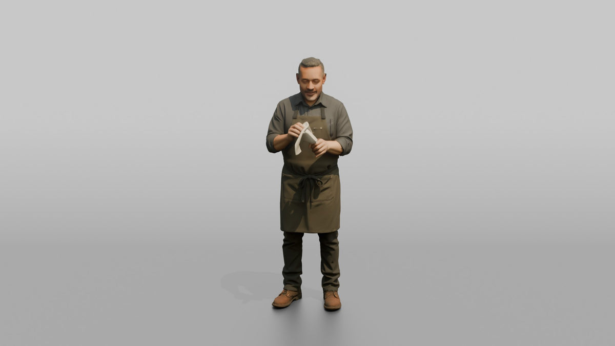 Bartender Man Polishing A Wine Glass With A Cloth - 3D character model, view 5