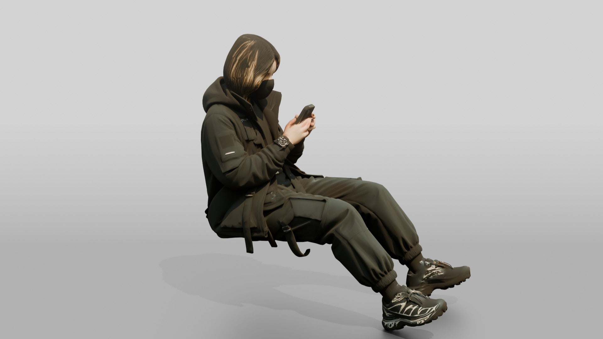 Techwear Woman Scrolling Her Phone