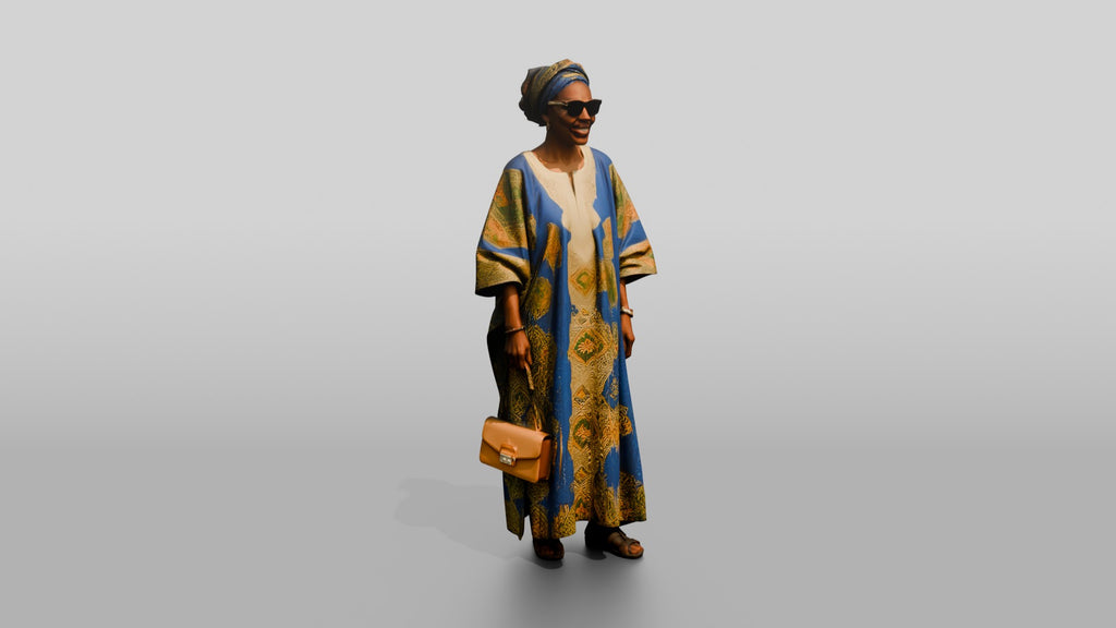 Elderly African Woman in a Patterned Boubou and Sunglasses