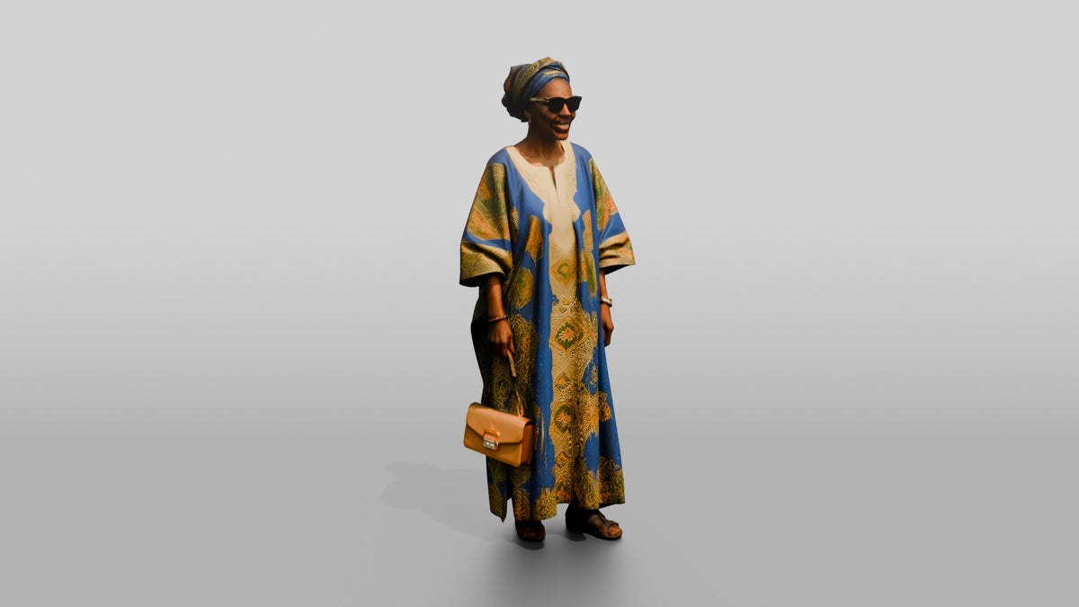Elderly African Woman in a Patterned Boubou and Sunglasses - 3D character model, view 1