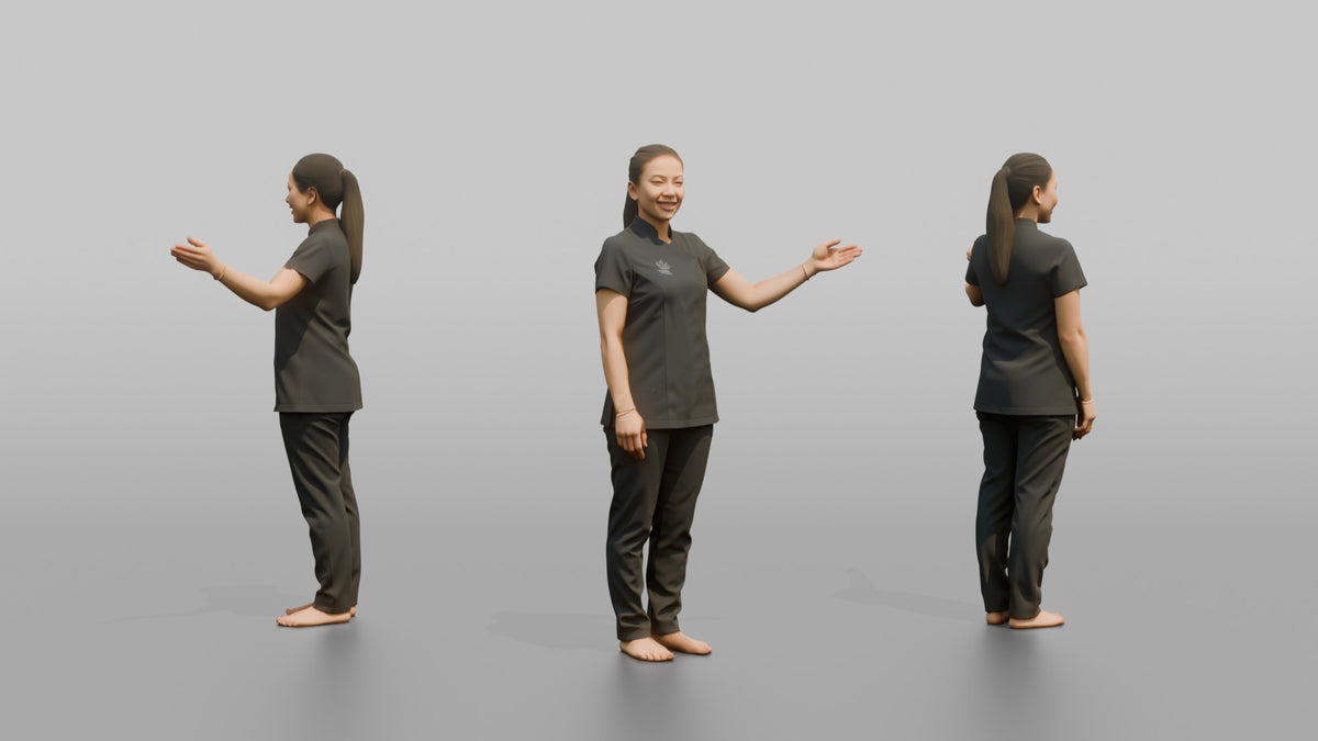 Massage Therapist Woman Gesturing Toward A Treatment Room Door - 3D character model, view 1