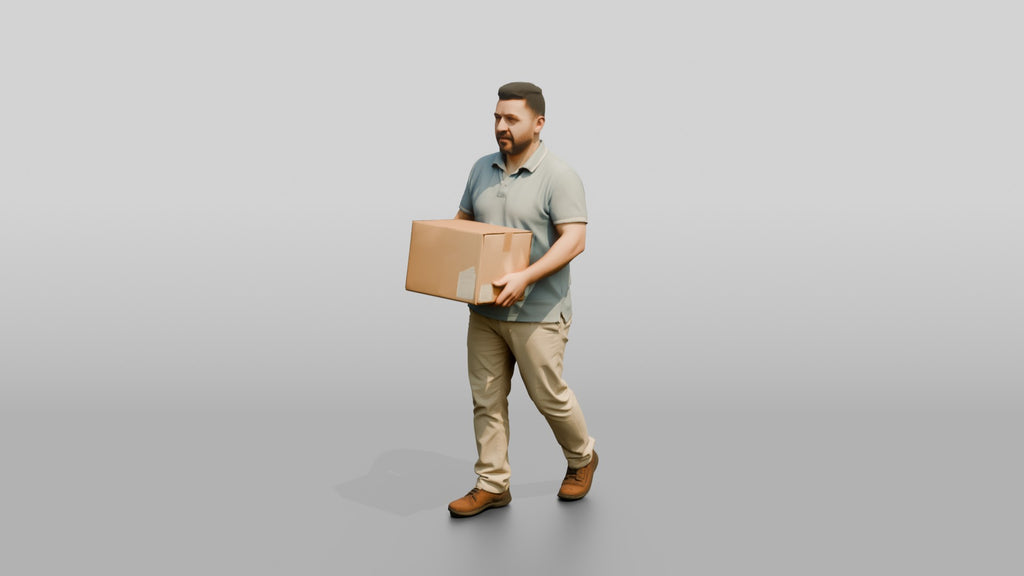 Stocky Middle-Aged Syrian Man Carrying a Cardboard Box
