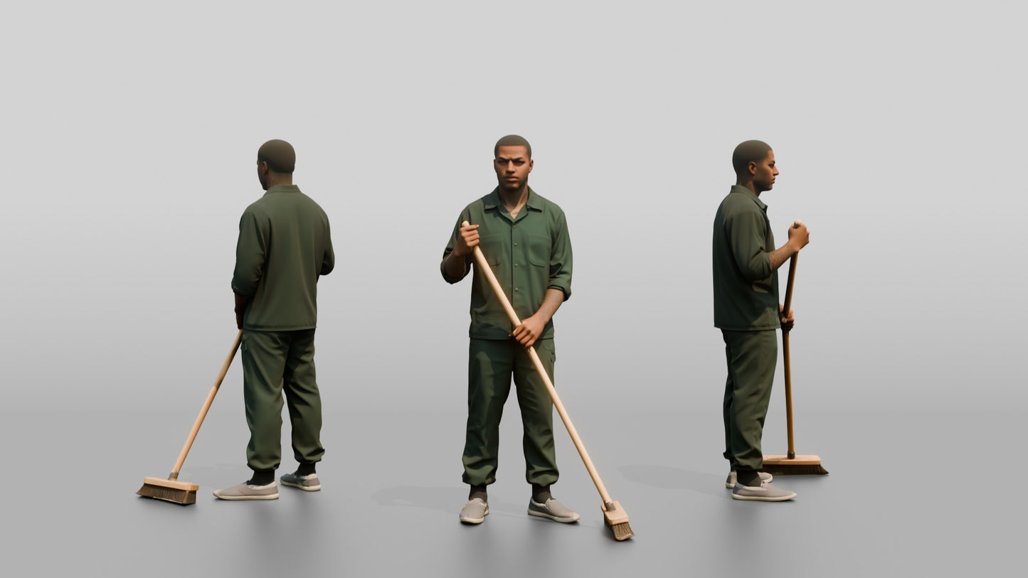 Black Male Prisoner in a Dark Green Uniform Holding a Push-broom