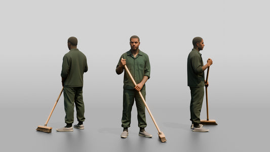 Black Male Prisoner in a Dark Green Uniform Holding a Push-broom