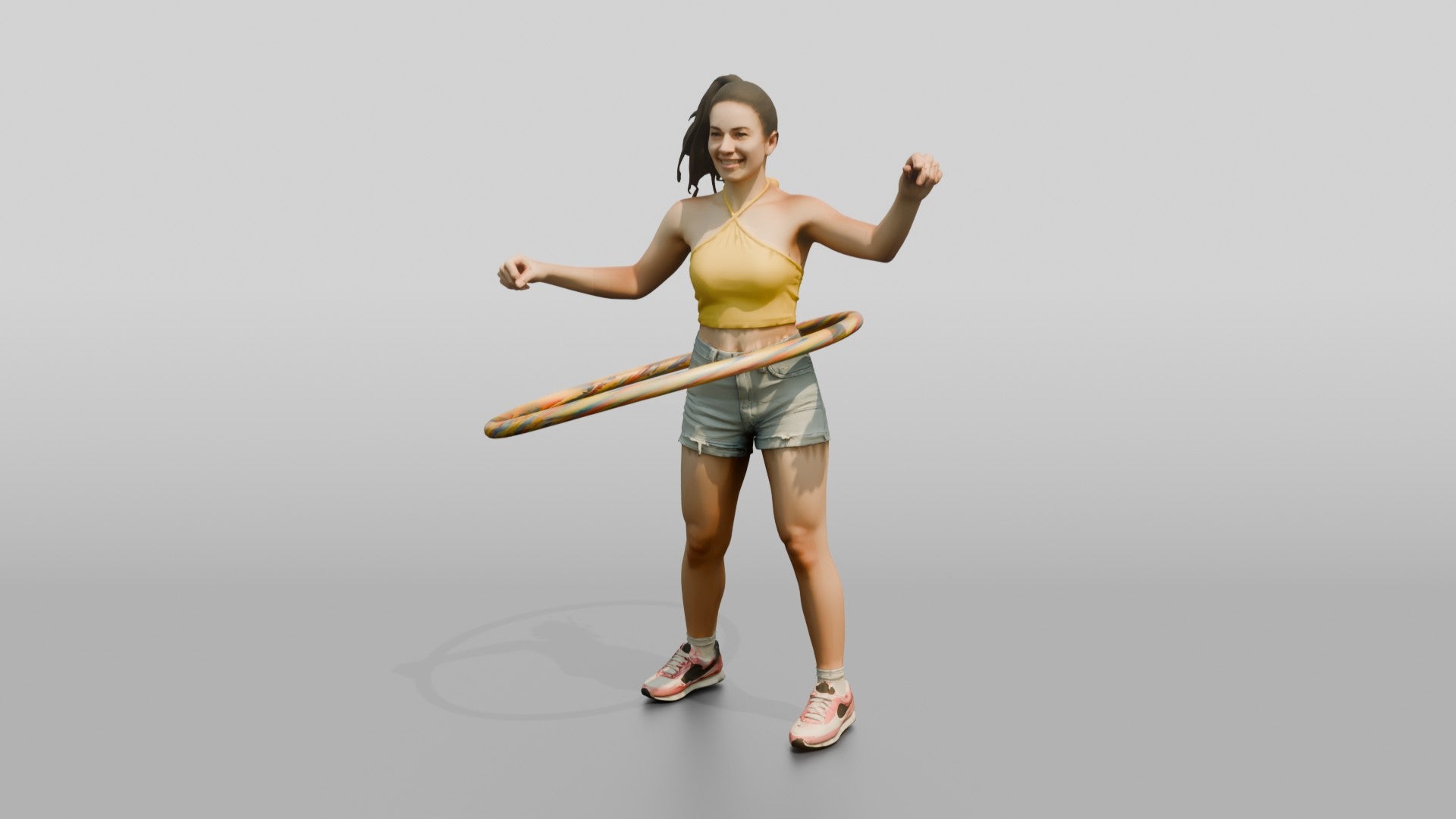 Woman Hula-Hooping in Denim Shorts