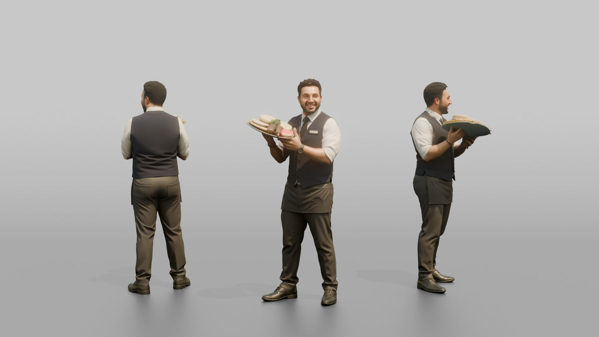 Server Woman Presenting A Plate With A Flourish - 3D character model, view 1