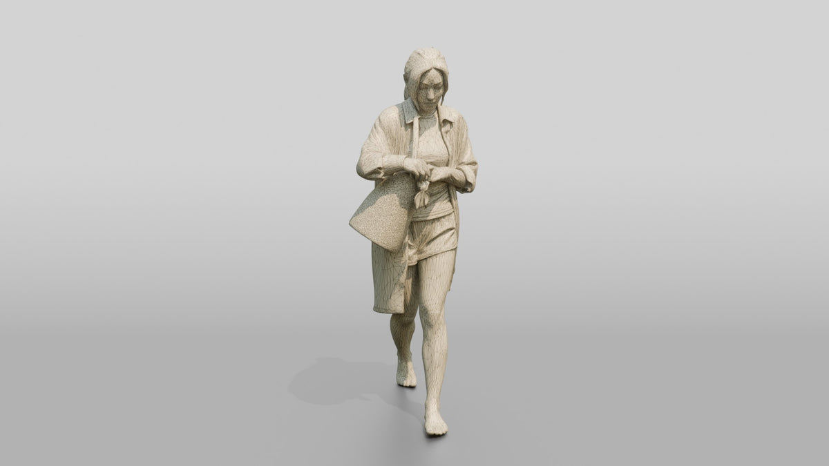 Woman Reaching Into Straw Beach Bag - wireframe topology preview