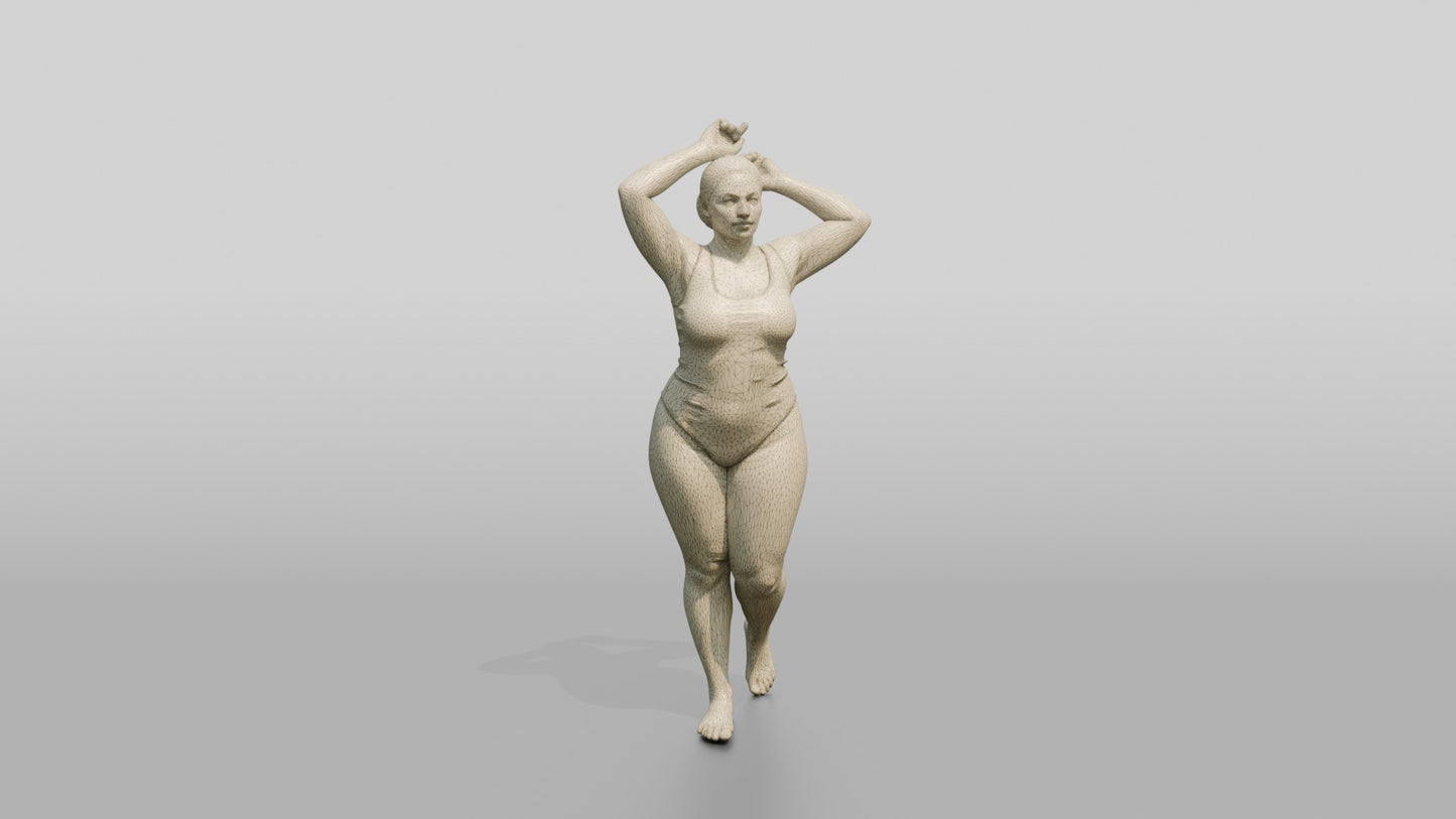 Curvy Woman in Blue One-Piece Swimsuit Arms Raised