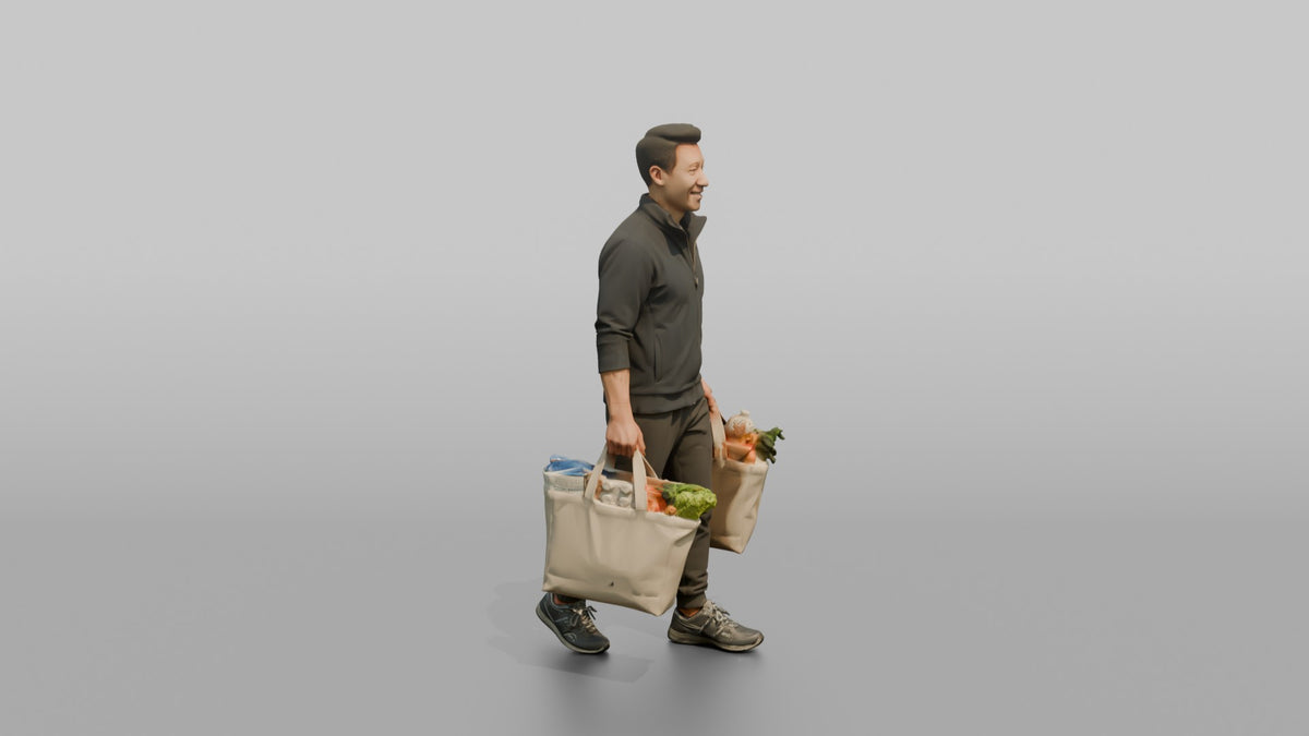 Father Carrying Two Grocery Bags, One In Each Hand - 3D character model, view 2