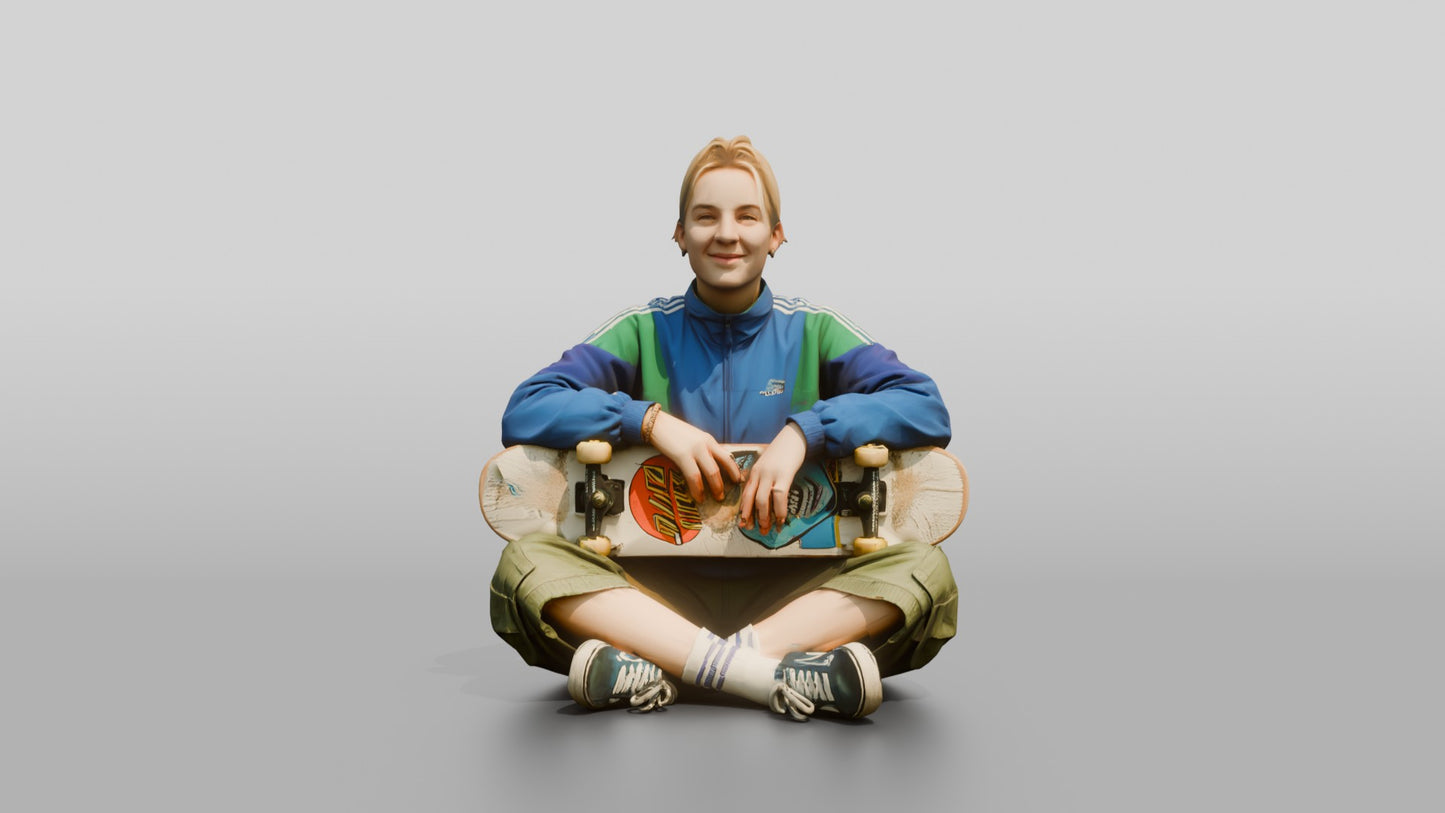 Skater Girl Sitting with Skateboard
