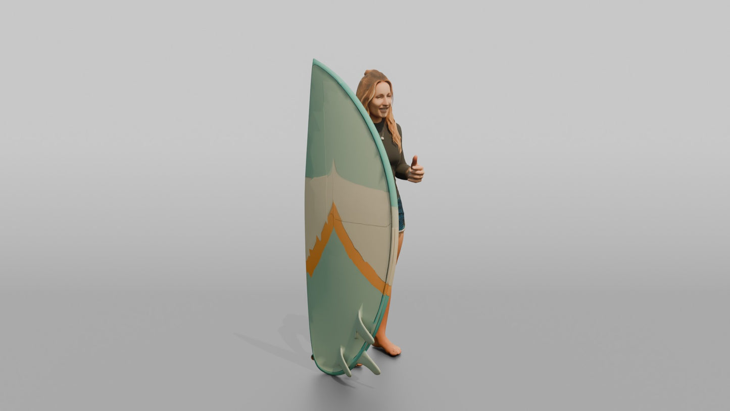 Surfer Gesturing Toward Her Surfboard