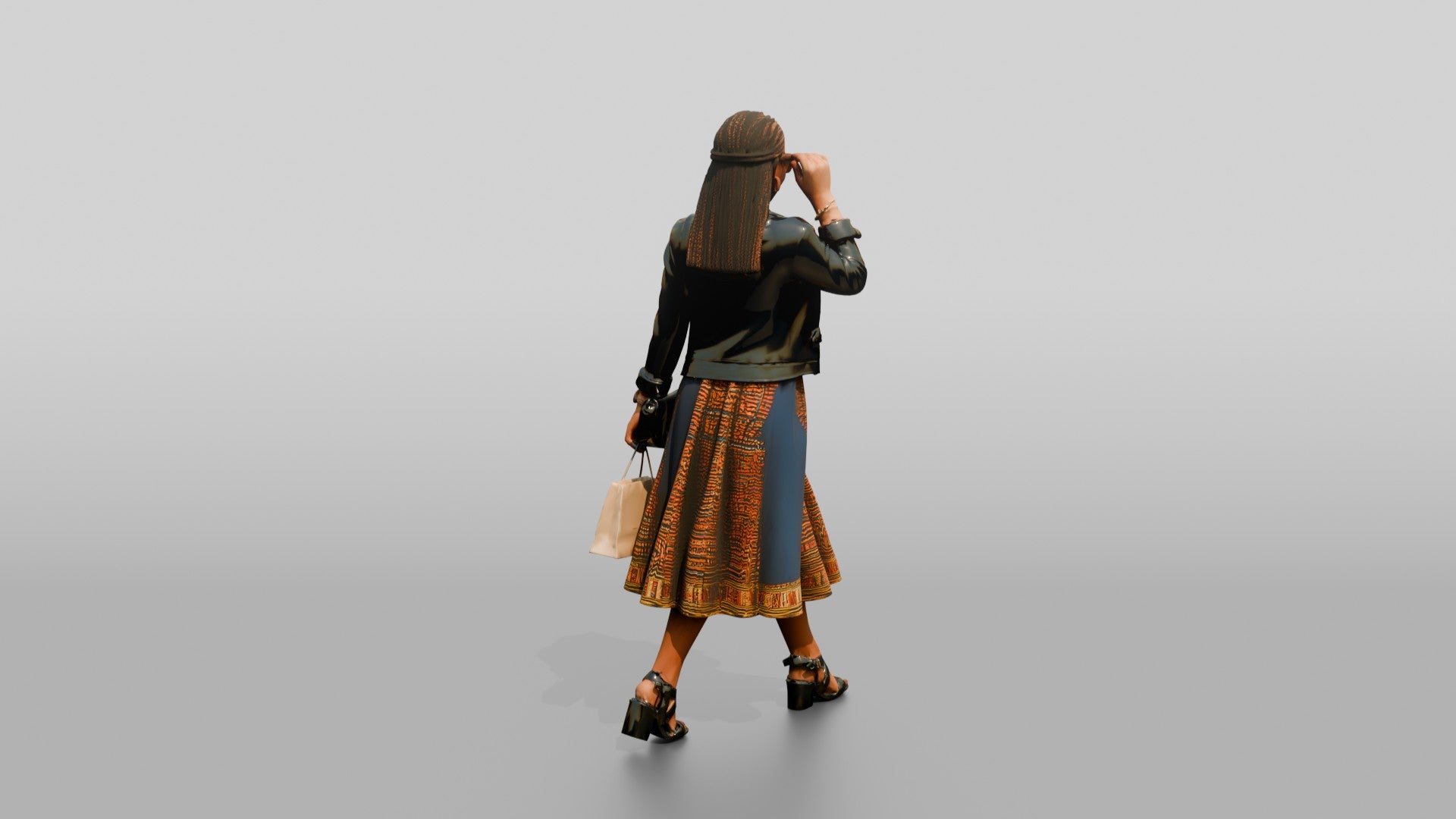 Stylish African Woman in a Leather Jacket and Print Dress