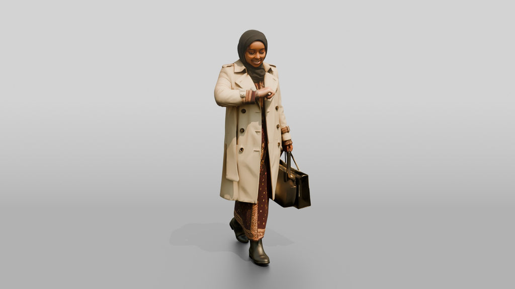 Woman in Hijab and Trench Coat Checking Her Watch