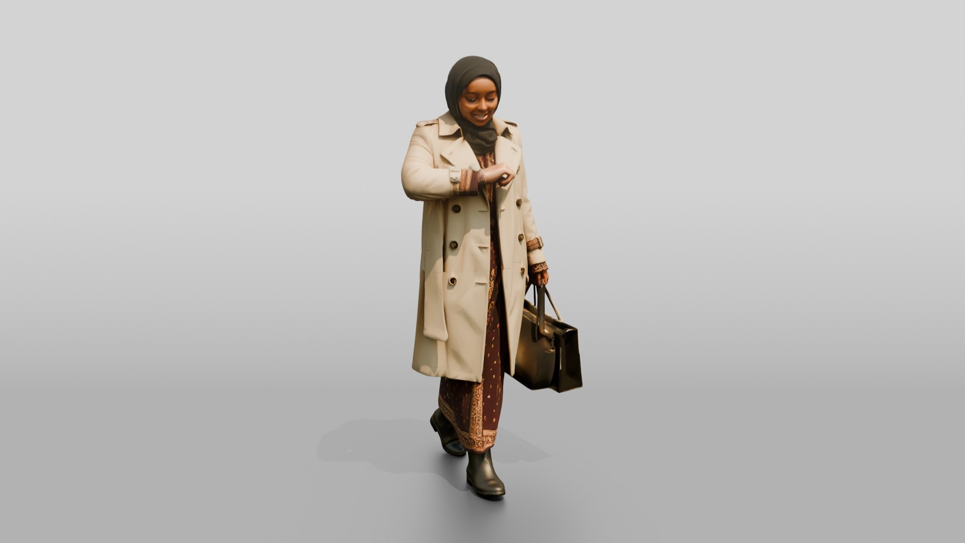 Woman in Hijab and Trench Coat Checking Her Watch