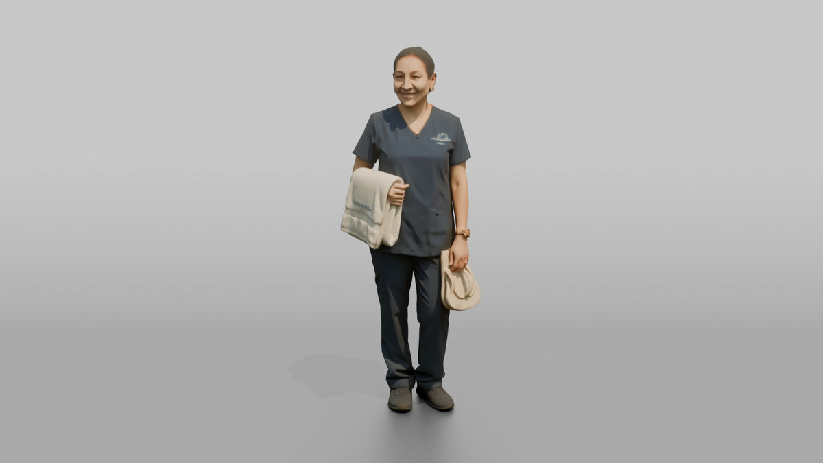 Spa Attendant Woman Holding A Folded Towel And Flip-flops - 3D character model, view 5