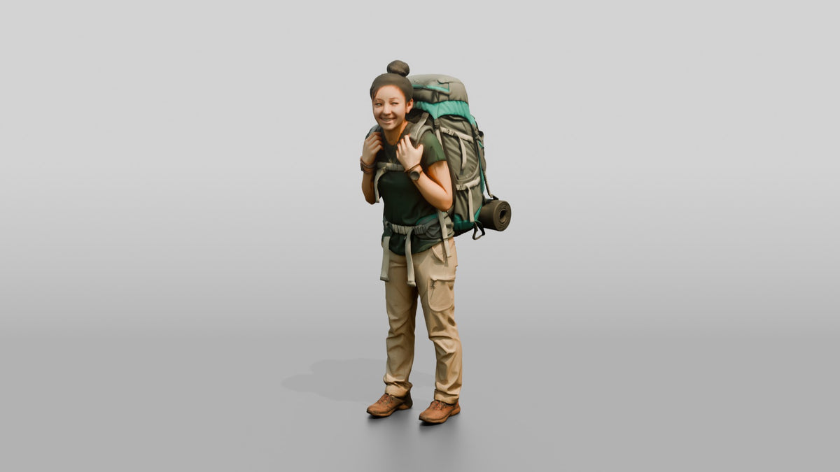 Young Woman Hiker with Large Teal Trekking Backpack Smiling - 3D character model, view 4