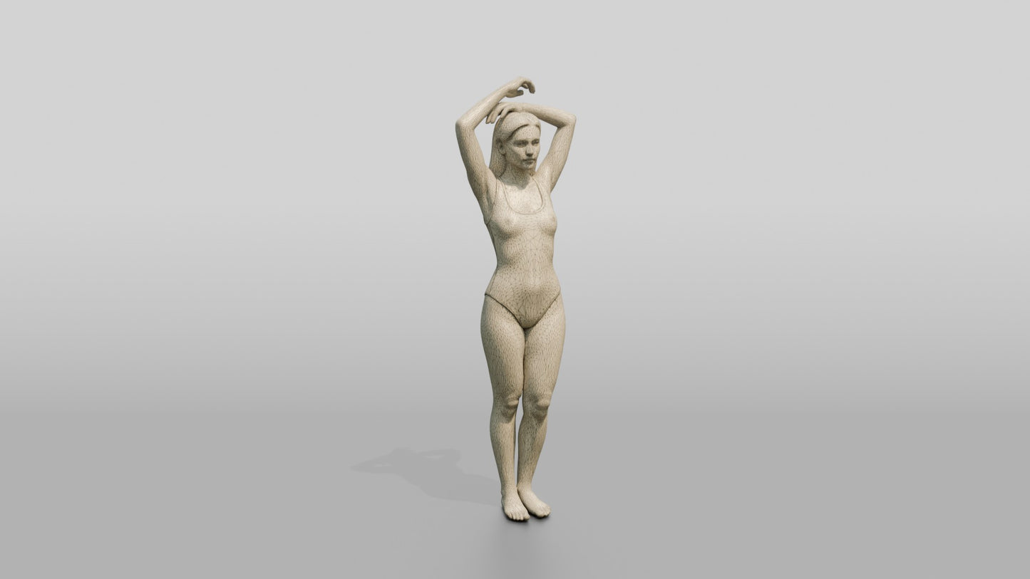 Blonde Woman in Blush One-Piece Swimsuit Arms Raised
