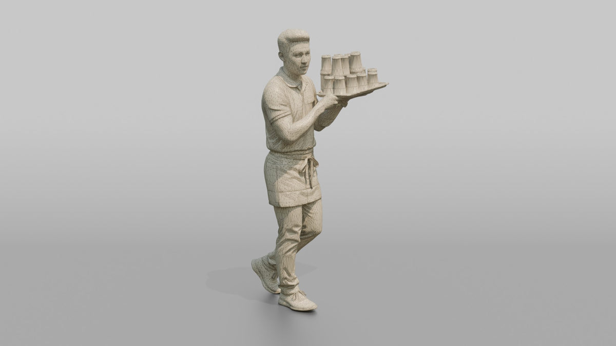 Server Man Balancing A Tray Of Empty Glasses - wireframe topology preview