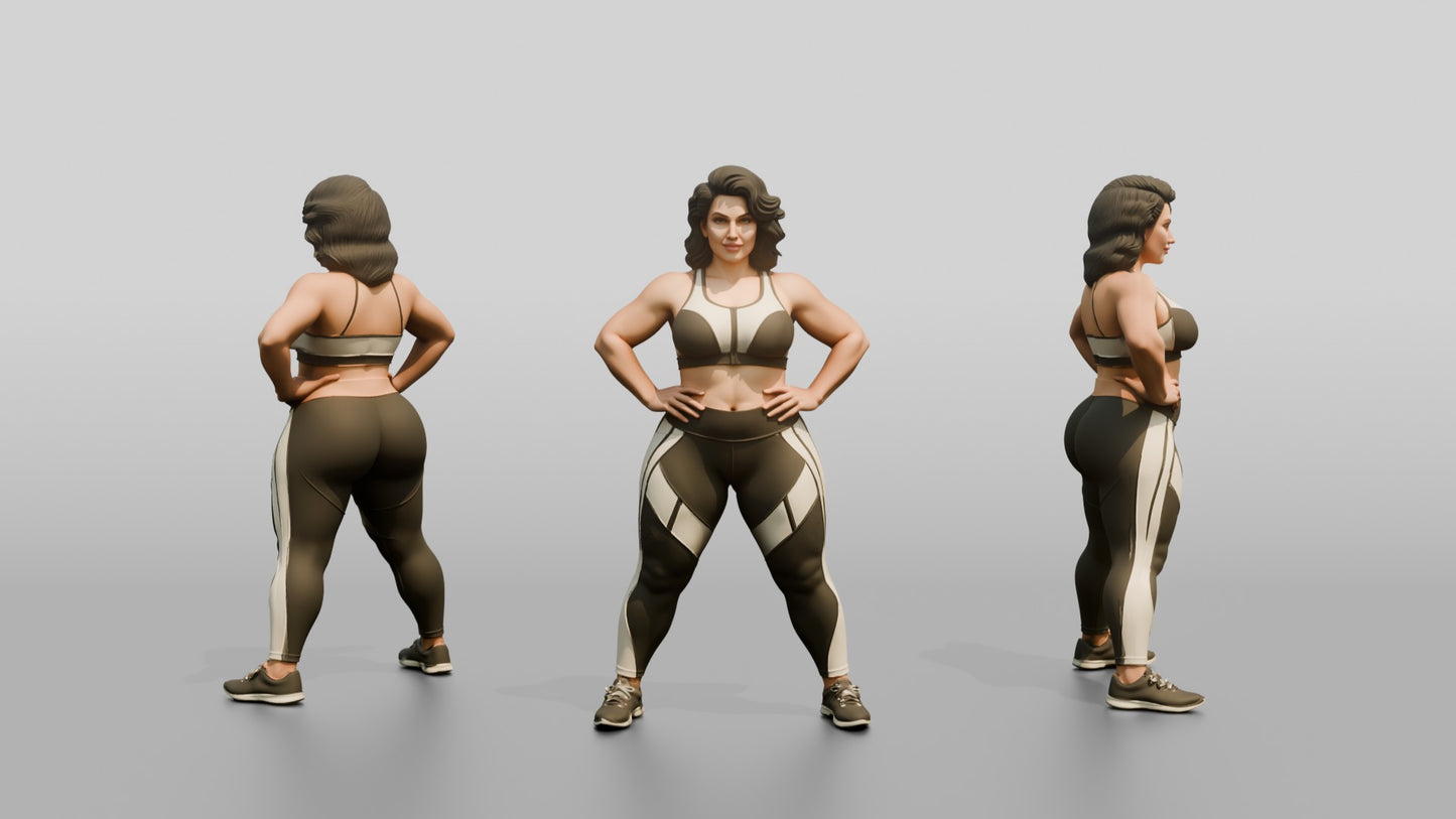 Curvy Woman in Taupe Activewear with Hands on Hips