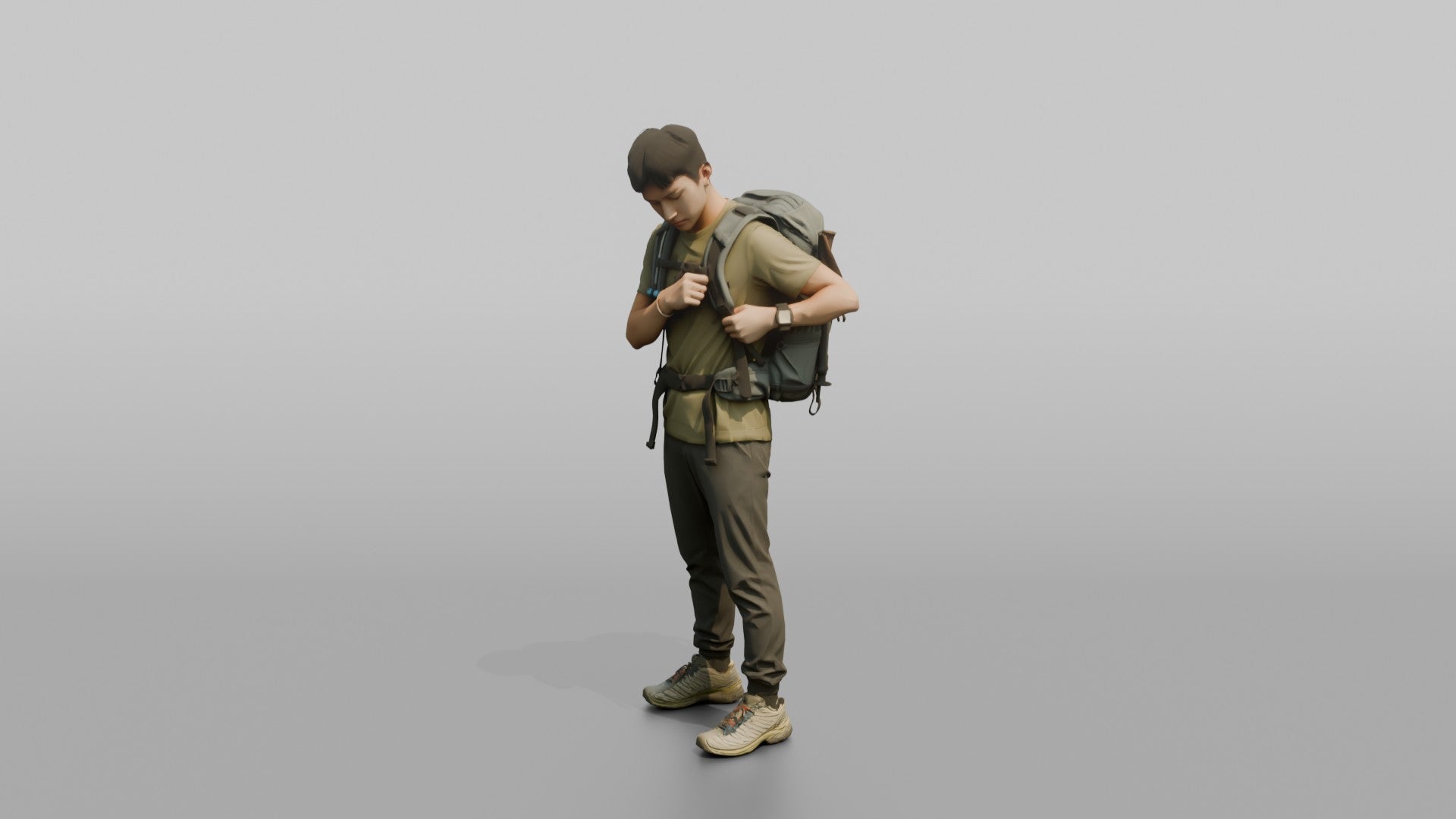 Hiker Adjusting His Backpack Strap