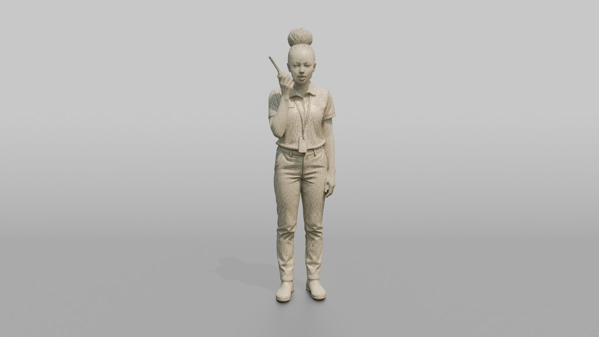 Woman Sales Associate Speaking Into A Walkie-talkie - wireframe topology preview