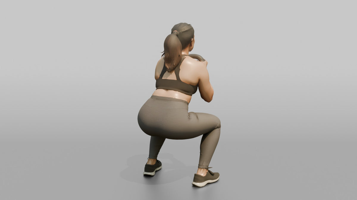 Weightlifter Woman Holding A Kettlebell In A Goblet Squat Position - 3D character model, view 3